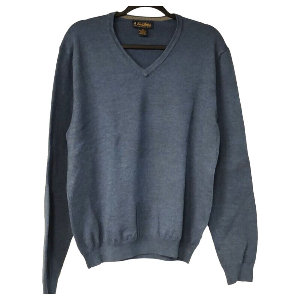 Brooks Brothers Men's sz XL Extra Fine Merino Wool Blue V-Neck Pullover Sweater